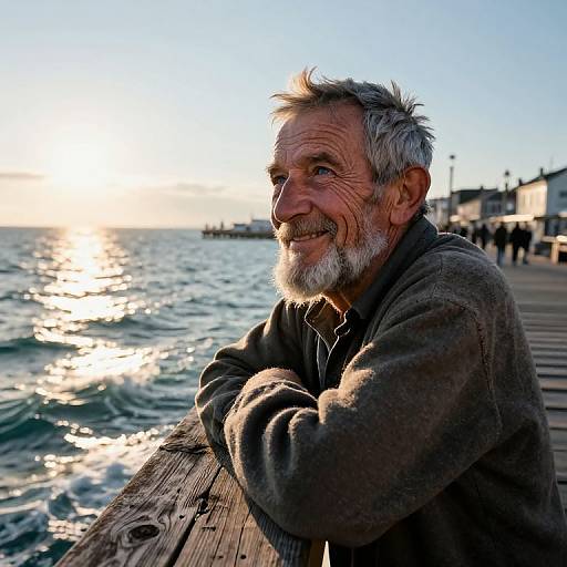 Photograph of a smiling elderly man with gray hair and beard, wearing a brown jacket, leaning on a wooden pier at sunset, with sparkling ocean waves