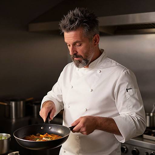 Photograph of a middle-aged, bearded male chef with gray hair, wearing a white double-breasted jacket, stirring a black skillet with colorful food