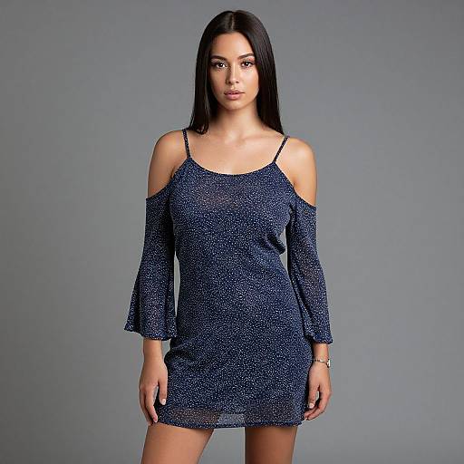 Photograph of a young woman with long black hair, wearing a navy blue, off-shoulder, polka dot dress, standing against a plain
