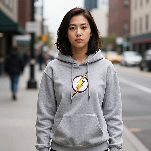 Photograph of a young Asian woman with shoulder-length black hair, wearing a gray hoodie with a lightning bolt logo, standing on a blurred urban street.