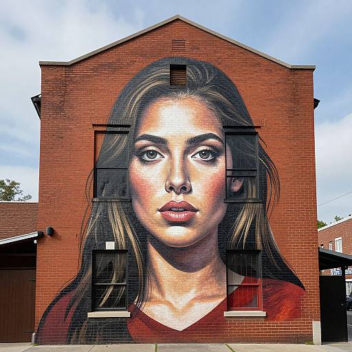 Surreal Woman Face Mural on Brick