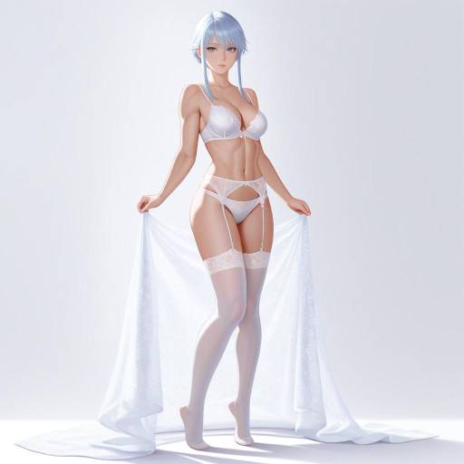 Anime Woman in White Lingerie with Black Stockings