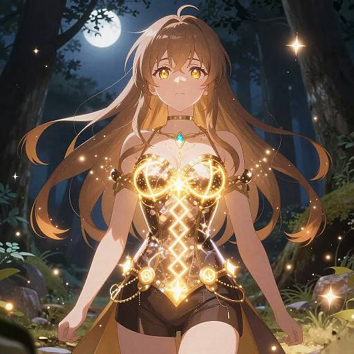 Digital anime-style drawing of a brown-haired girl with glowing, golden, magical armor in a moonlit forest, surrounded by floating fireflies.