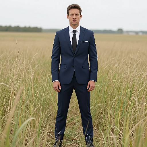 Photograph of a handsome, tall, dark-haired man in a navy suit, white shirt, and black tie standing in a tall grass field.