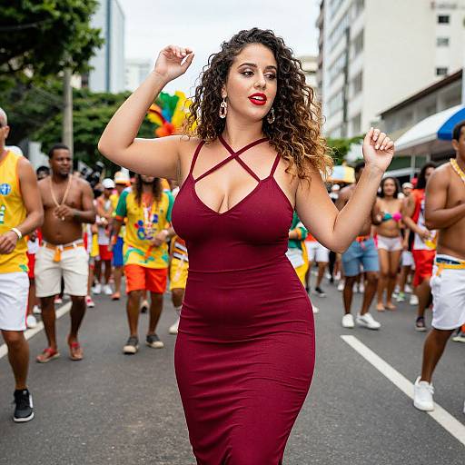 Photograph of a curvy, curly-haired woman in a maroon dress with crisscross straps, confidently walking in a colorful street parade, surrounded