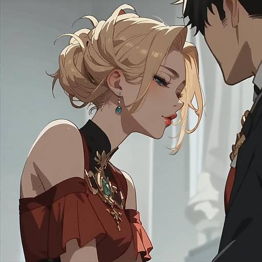 Digital anime-style drawing of a blonde woman with blue earrings, red off-shoulder dress, and gold necklace, gazing up at a man with