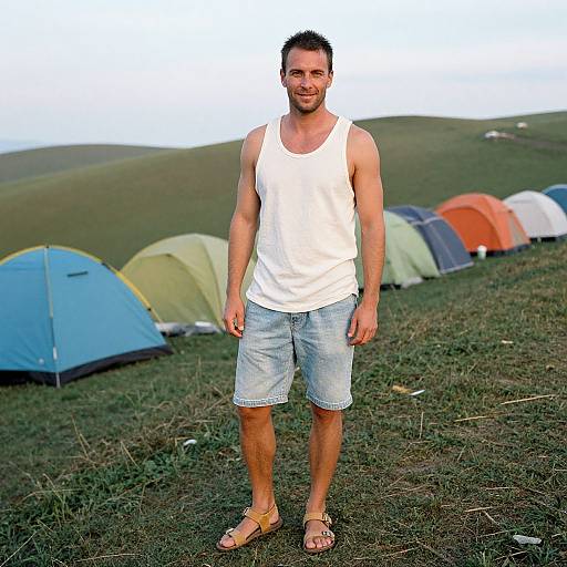 Photograph of a smiling, muscular man in a white tank top and denim shorts, standing on grassy hill with colorful tents in background.