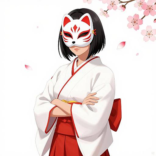 Woman in Traditional Japanese Miko Outfit with Fox Mask