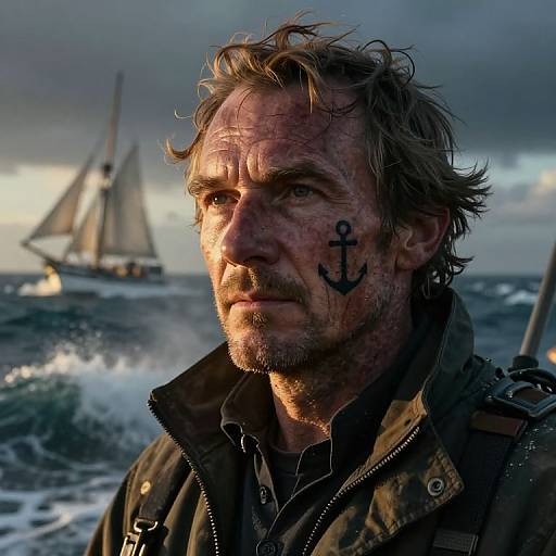 Photograph of a rugged, bearded man with wet, disheveled hair and anchor tattoo on cheek, wearing a dark jacket, in front of