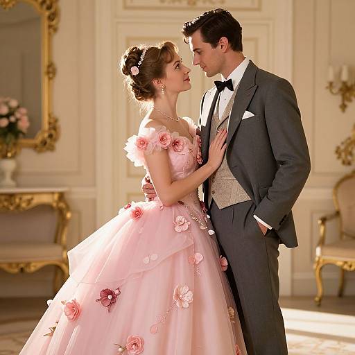 Photograph of a romantic ballroom scene: elegant couple in pink floral gown and gray tux, gazing into each other's eyes, ornate