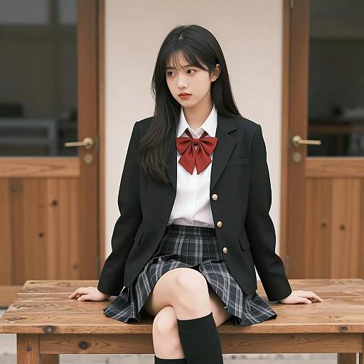 Asian Schoolgirl Sitting on Wooden Table