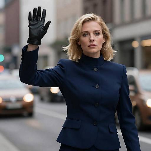 Blonde Woman in Blue Suit Raising Hand on City Street