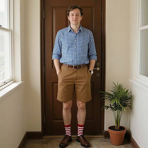 Photograph of a young man in a blue checkered shirt, brown shorts, red-striped socks, and brown shoes, standing in a hallway by a