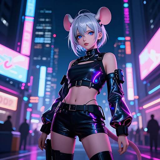 Digital anime-style artwork of a white-haired, blue-eyed female mouse girl in black, shiny latex outfit, standing in a neon-lit, futuristic city