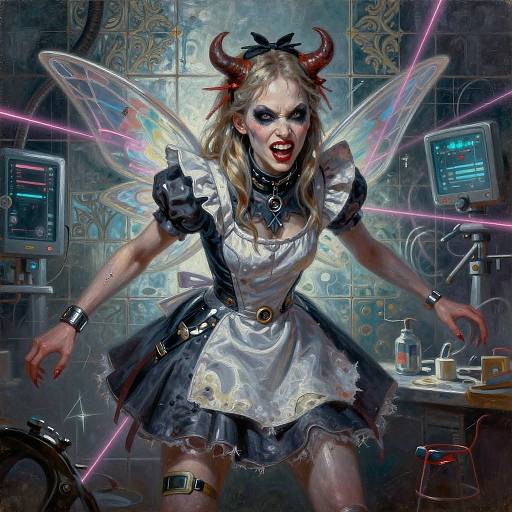 Digital art of a fierce, blonde, devilish maid with red horns, iridescent wings, and a black-and-white dress, in a neon