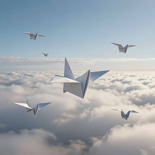 Photograph of six white paper airplanes flying above a sea of fluffy clouds under a bright blue sky with sunlight.