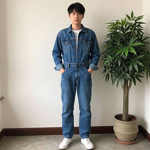 Photograph of an Asian man with short black hair, wearing a blue denim jumpsuit and white sneakers, standing beside a potted plant against a white