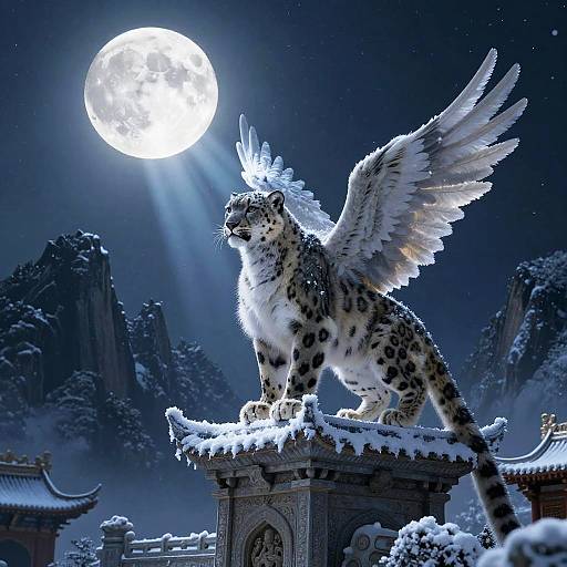 Moonlit Winged Snow-Leopard Phoenix on Spire