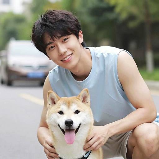 Young Man with Happy Dog Outdoors