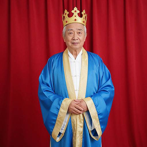 Photograph of an elderly Asian man with gray hair, wearing a blue robe with gold trim, white shirt, and gold crown, standing against a red