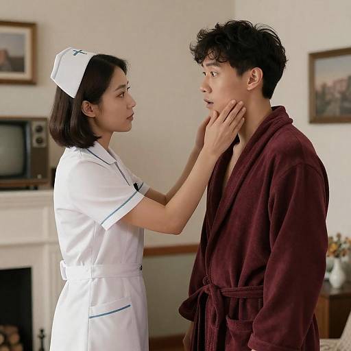 Caring Nurse and Surprised Man in Room