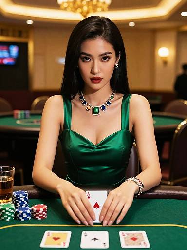 Photorealistic CGI of an Asian woman with long black hair, green satin dress, diamond necklace, and bracelet, playing poker in a dimly lit