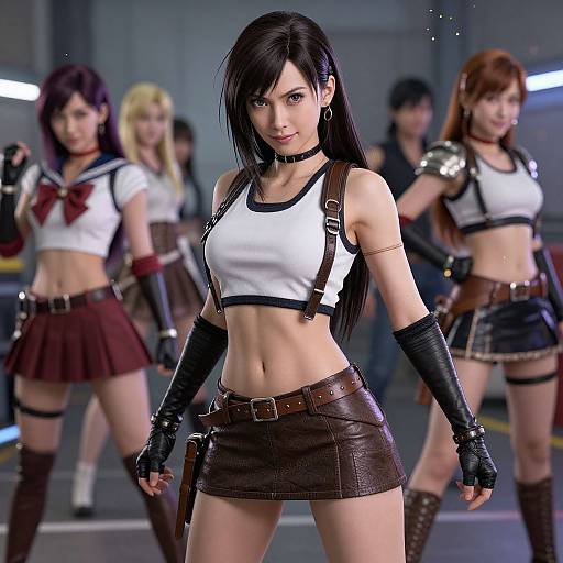 Digital CGI image of a confident, black-haired woman in a white crop top, brown leather skirt, and gloves, surrounded by five other similarly dressed women