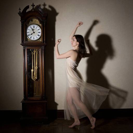 Photograph of a dark-haired woman in a sheer white dress, dancing beside a tall, wooden grandfather clock, casting dramatic shadows on a plain wall.