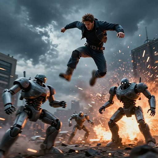 Photorealistic CGI: Man in dark jacket jumps over three robotic soldiers amidst fiery explosion, debris, and cloudy sky in urban battle scene.