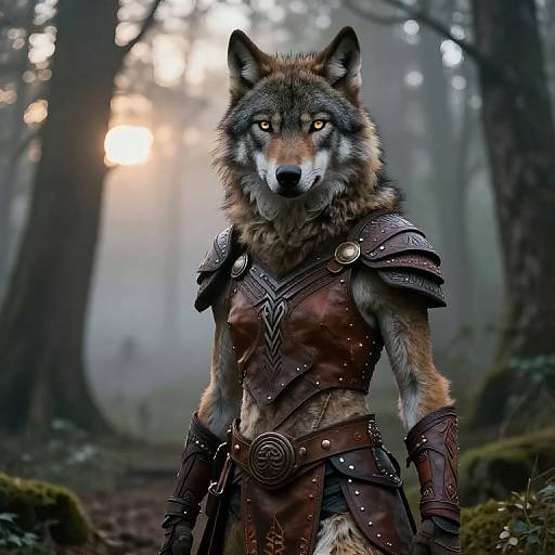 Confident Anthro Wolf in Misty Forest