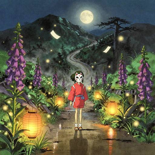 Girl in Fox Mask on Moonlit Mountain Trail
