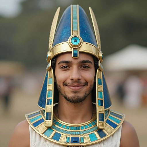 Photograph of a young, smiling man with medium brown skin, wearing an Egyptian-style blue and gold headdress and matching collar, against a blurred outdoor
