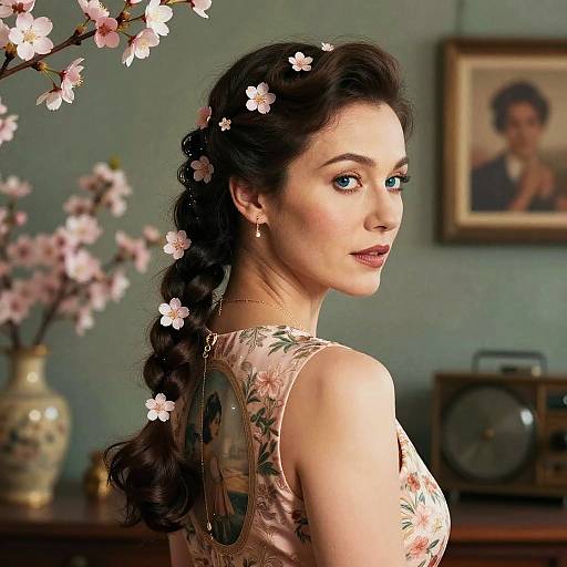 Photograph of a fair-skinned woman with dark hair in a floral-patterned dress and cherry blossom hairpiece, looking over her shoulder in a vintage