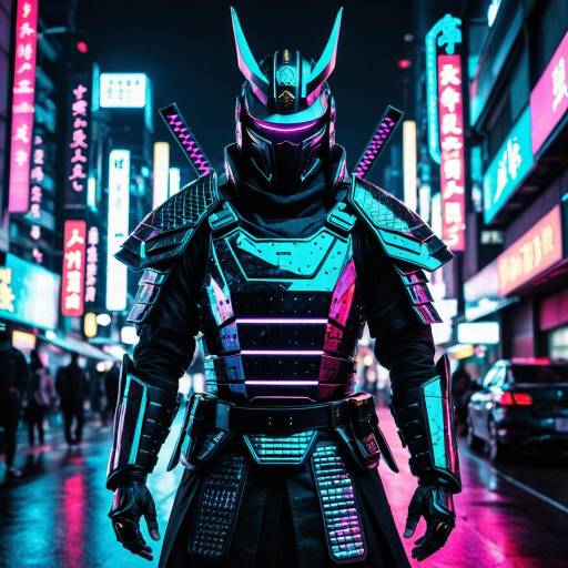 Futuristic Samurai in Neon Cyberpunk City