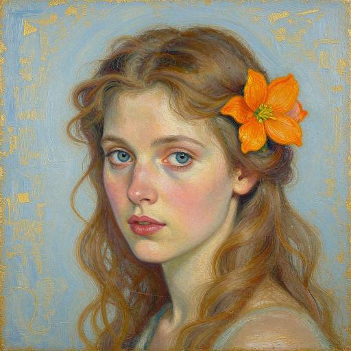 Digital painting of a fair-skinned, blue-eyed woman with wavy auburn hair, adorned with an orange flower, against a light blue background