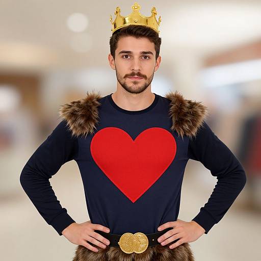 Photograph of a bearded man with short brown hair, wearing a black shirt with a red heart, fur-trimmed shoulders, golden crown,