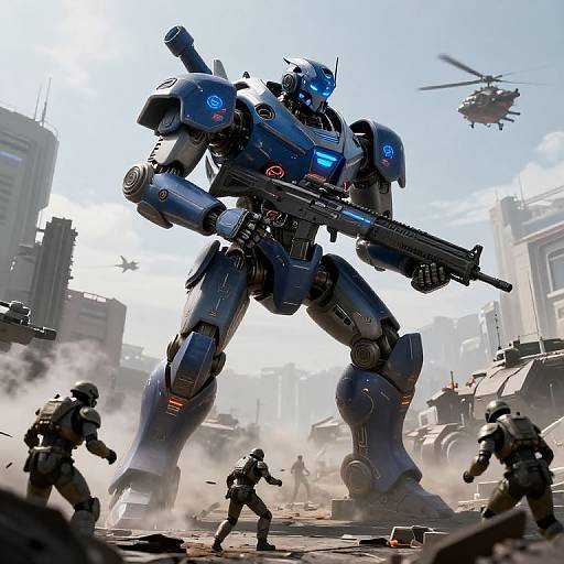CGI sci-fi battle scene: towering blue and black robotic warrior with glowing blue eyes stands amid dust, holding a large gun, surrounded by smaller soldiers
