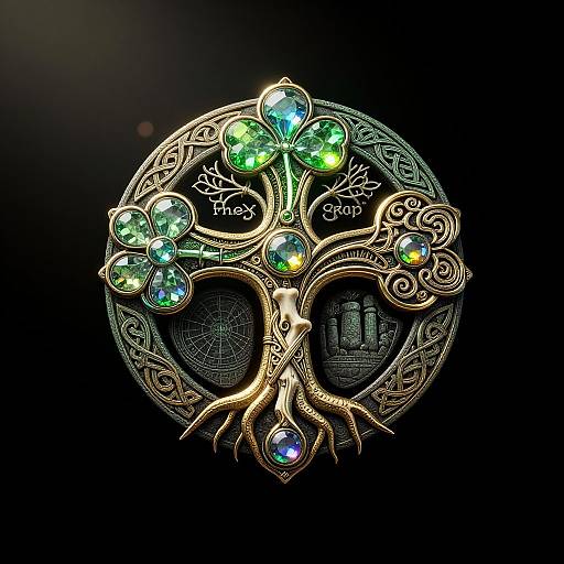 Digital art of a golden, ornate tree with green and blue gem-like leaves, set against a dark background with intricate patterns.