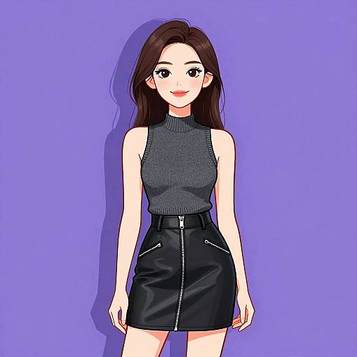 Digital anime-style drawing of a fair-skinned woman with long brown hair, wearing a gray sleeveless turtleneck and black high-waisted skirt
