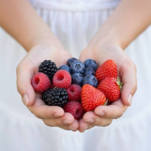 Photograph of two hands cupping a variety of fresh berries, including raspberries, blackberries, blueberries, and strawberries, against a blurred white