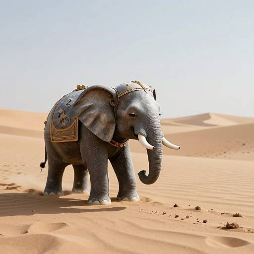 Photograph of a decorated, dark gray elephant with gold ornaments and intricate patterns, standing in a sunlit, sandy desert.