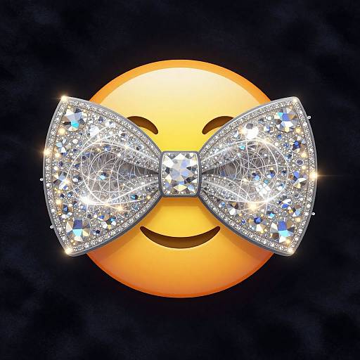 Glittery bow-tied smiley face emoji with sparkling diamonds on a black background, featuring a bright orange glow and simple, curved smile.
