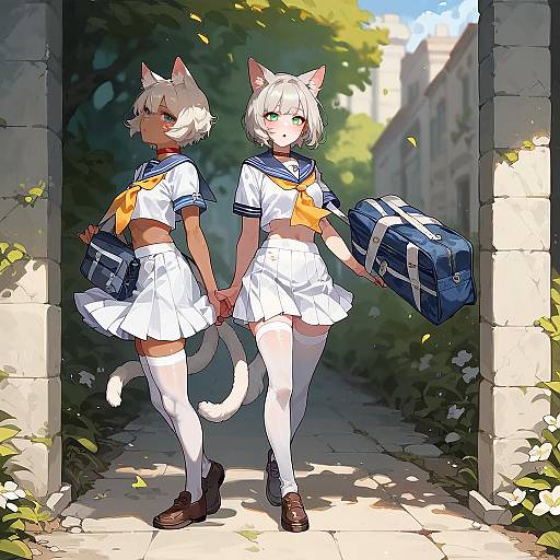 Cat Girls in School Uniforms Holding Hands