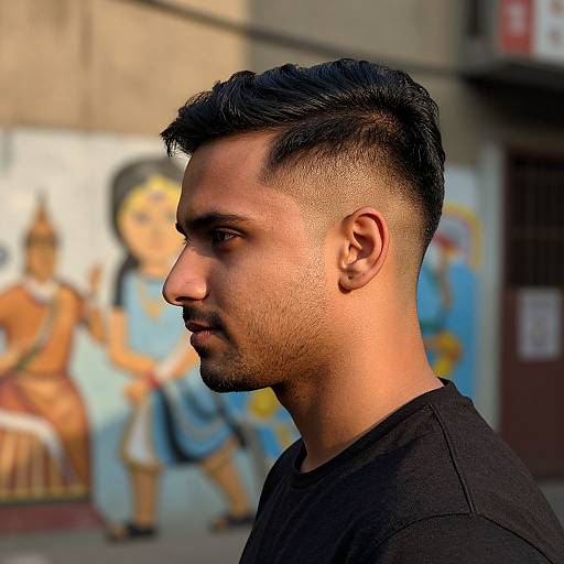 Photograph of a young man with short, dark, styled hair, light brown skin, and black shirt, profile view, in front of colorful street