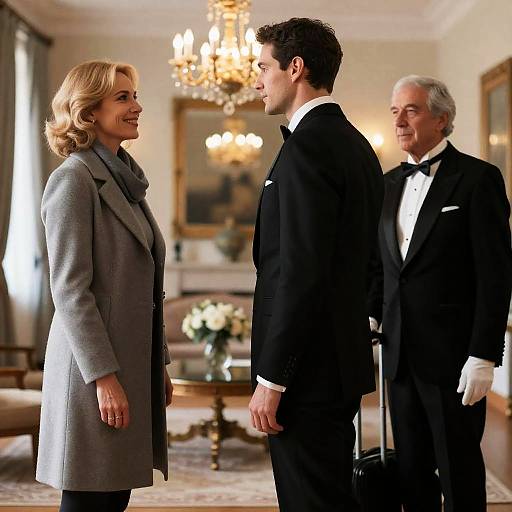 Photograph: Three elegantly dressed individuals in a luxurious, warmly lit room; a smiling woman in a gray coat facing two men in black tux