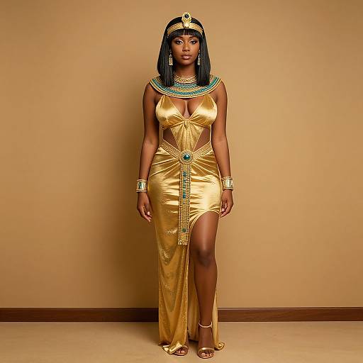 Photograph of a beautiful Black woman in an elegant, golden, ancient Egyptian-style dress with a high slit, adorned with turquoise and gold jewelry, standing