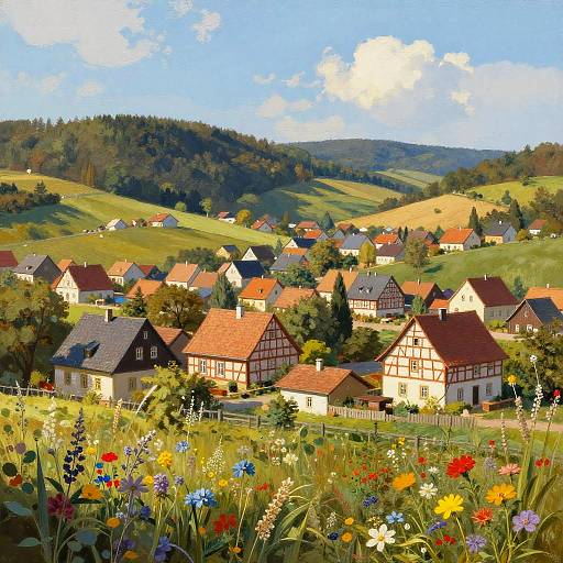 Vibrant photograph of a picturesque European village with colorful floral meadow in foreground, half-timbered houses with red roofs, rolling green hills