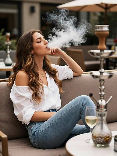 Relaxed Woman Smoking Shisha at Terrace