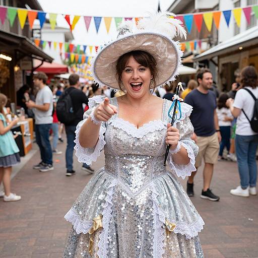 Photograph of a joyful woman in a silver, sequined, lace-trimmed dress and white feathered hat, holding sparklers, in a