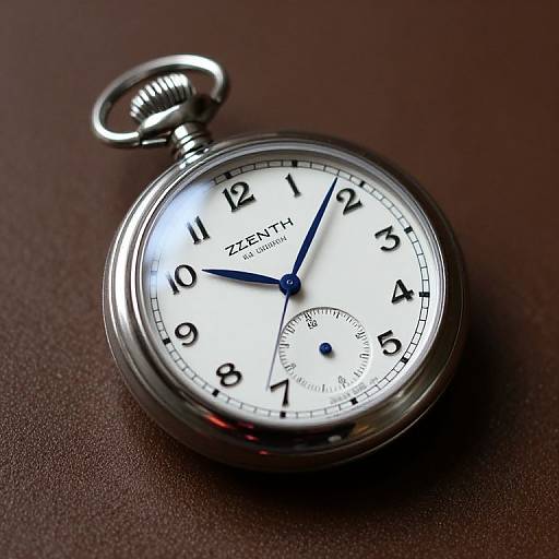 Photograph of a silver ZENITH pocket watch with a white face, black numerals, blue hands, and a small sub-dial, resting